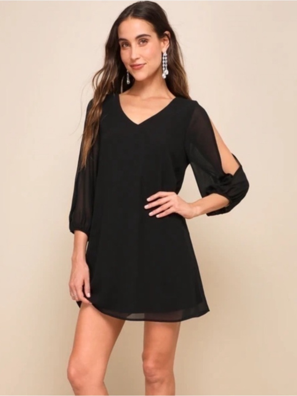 Lulus Shifting Dears Black Split Sleeve Vneck Dress Size Medium